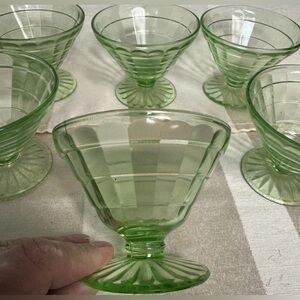 Vintage Depression Glass Green Dessert Bowls, Set Of 6, 1930's